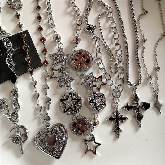 Gothic Star Pentagrams Pendant Sliver Color Love Choker Chain Necklace For Women Men Hip Hop Punk Y2K Charms Jewelry Accessories
